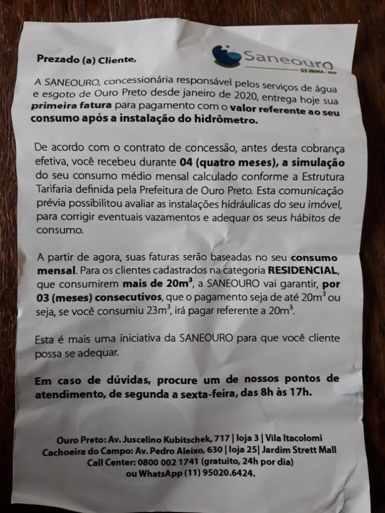 Água será cortada para quem barrar hidrometração, em Ouro Preto