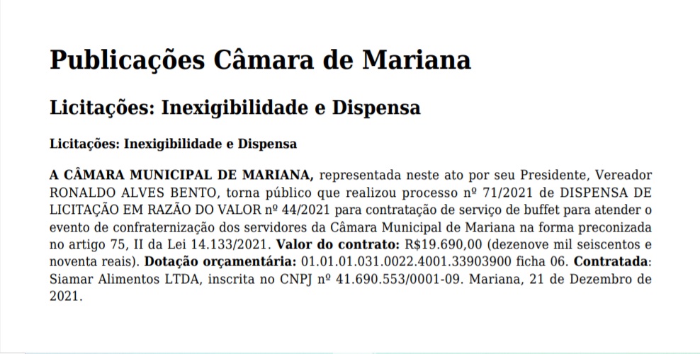 Confraternização do servidores da Câmara de Mariana tem buffet de quase R$ 20 mil