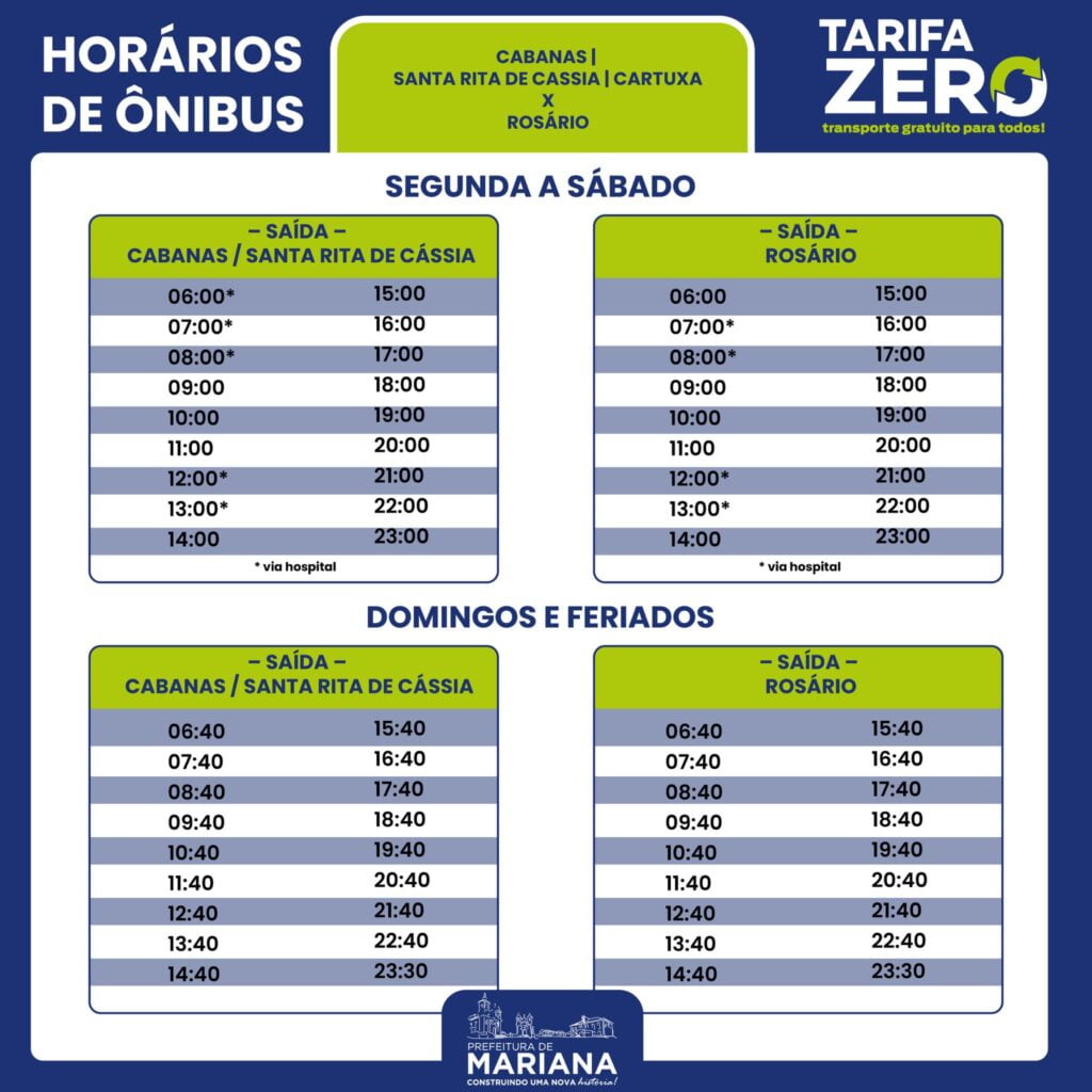 Tarifa Zero: veja os novos horários de ônibus em Mariana
