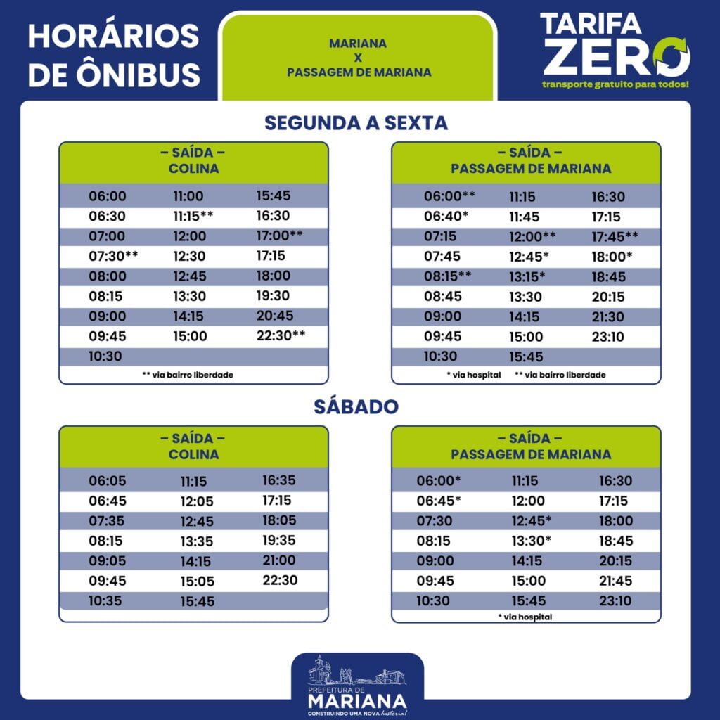 Tarifa Zero: veja os novos horários de ônibus em Mariana