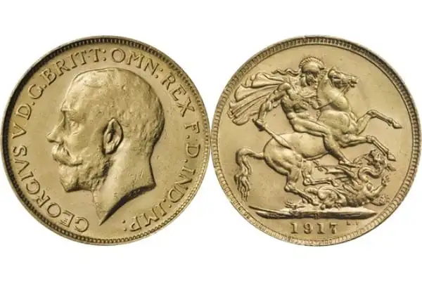 A Soberana de George V de 1917, cunhada na Casa da Moeda de Londres